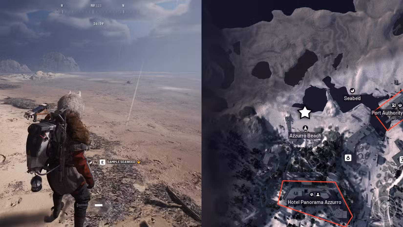 O lado esquerdo da imagem mostra o jogador em Arc Raiders parado em frente ao objetivo da missão, enquanto o lado direito mostra o local marcado no mapa do jogo com uma estrela.