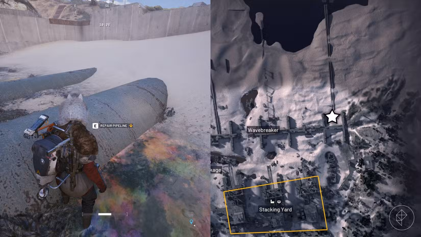 O lado esquerdo da imagem mostra o jogador em Arc Raiders parado em frente ao objetivo da missão, enquanto o lado direito mostra o local marcado no mapa do jogo com uma estrela.