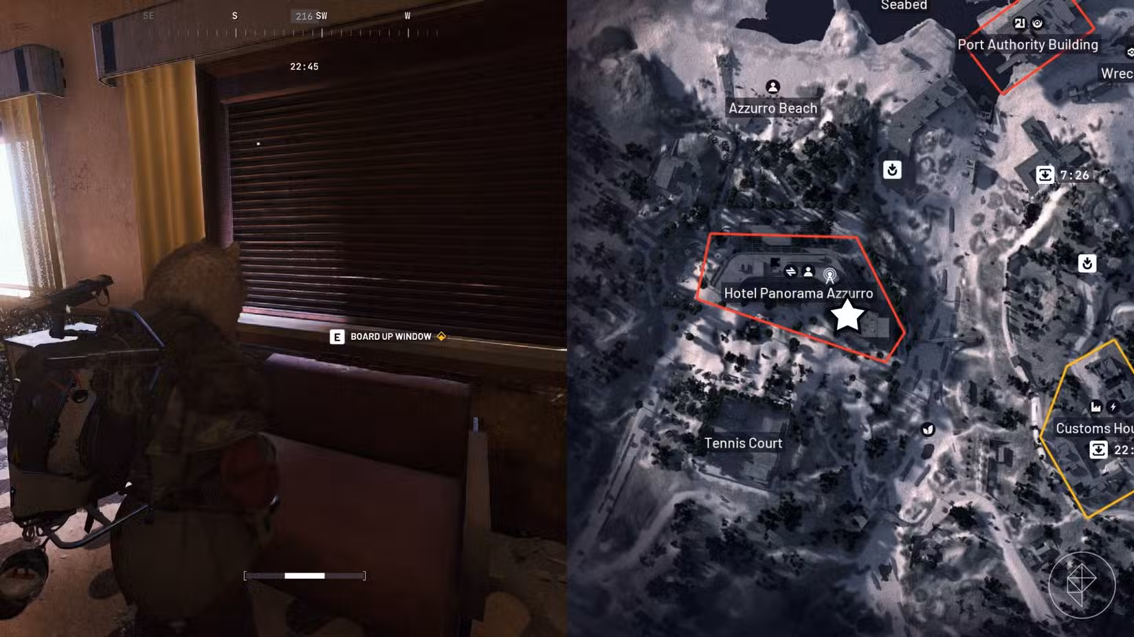 O lado esquerdo da imagem mostra o jogador em frente ao objetivo em Arc Raiders, enquanto o lado direito da imagem mostra o local marcado no mapa do jogo com uma estrela.