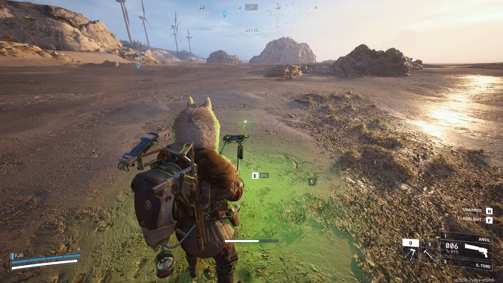 O jogador em Arc Raiders com o Dockmaster's Detector brilhando em verde perto de um local de escavação.