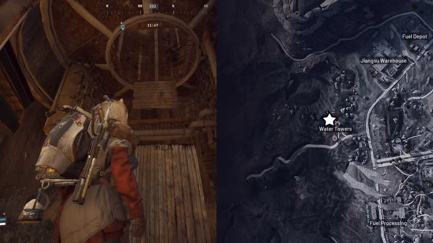 O lado esquerdo da imagem mostra o jogador em frente ao objetivo em Arc Raiders, enquanto o lado direito da imagem mostra o local marcado no mapa do jogo com uma estrela.