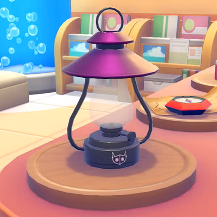 Uma lanterna roxa com o logotipo da Sableye em Pokopia