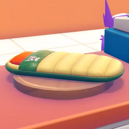 Um saco de dormir verde, vermelho e amarelo com o logotipo da Sableye em Pokopia