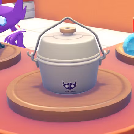 Uma panela prateada com alça superior e um logotipo Sableye em Pokopia