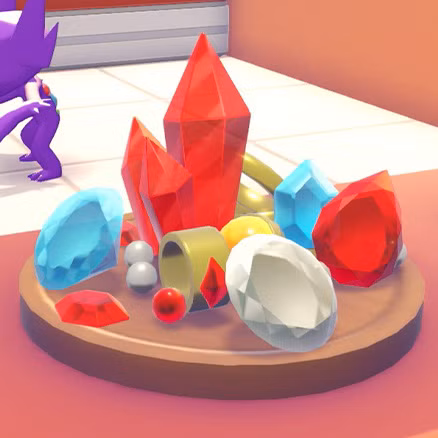 Uma pilha de joias coloridas e joias em Pokopia