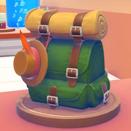 Uma mochila verde com um rolo de cama amarelo e um chapéu de penas em Pokopia