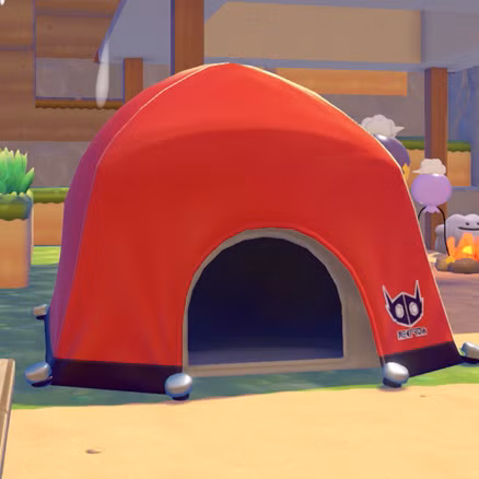 Uma barraca de acampamento vermelha com o logotipo da Sableye no canto em Pokopia