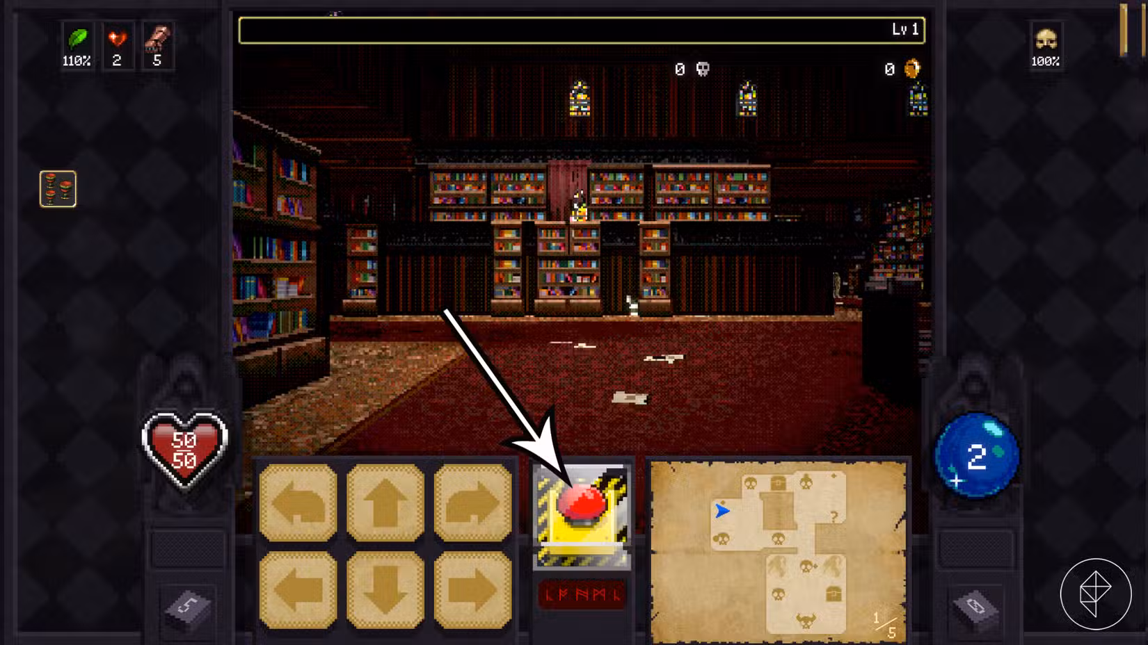 Uma seta aponta para a relíquia da Bomba Infernale em Vampire Crawlers.