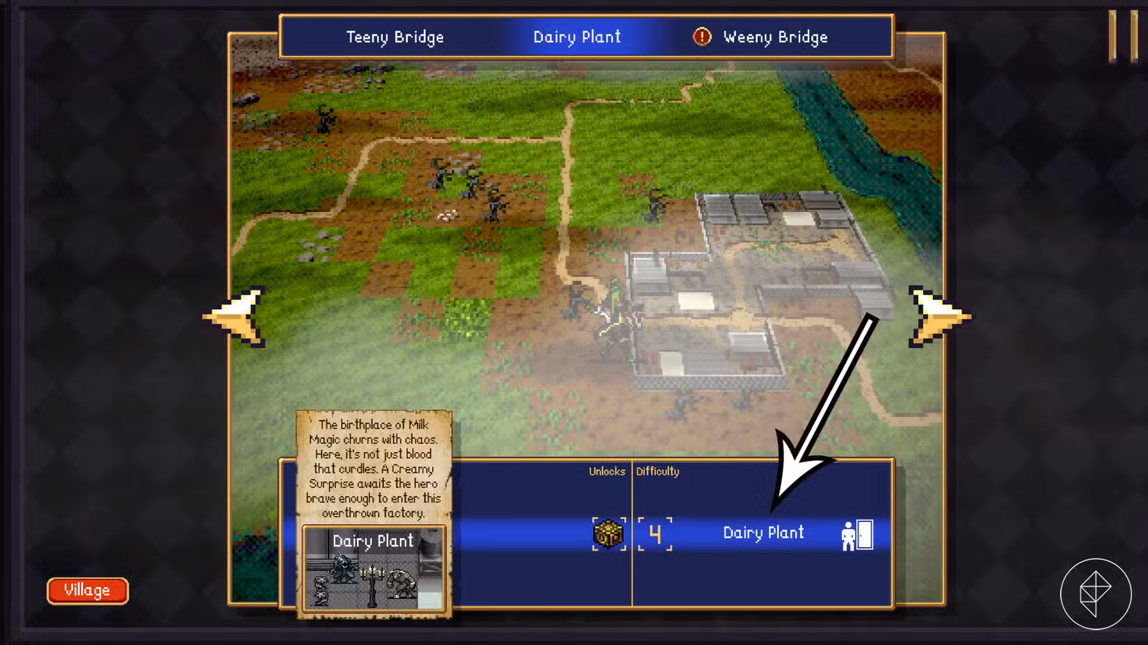 Uma seta aponta para a masmorra Dairy Plant em Vampire Crawlers.