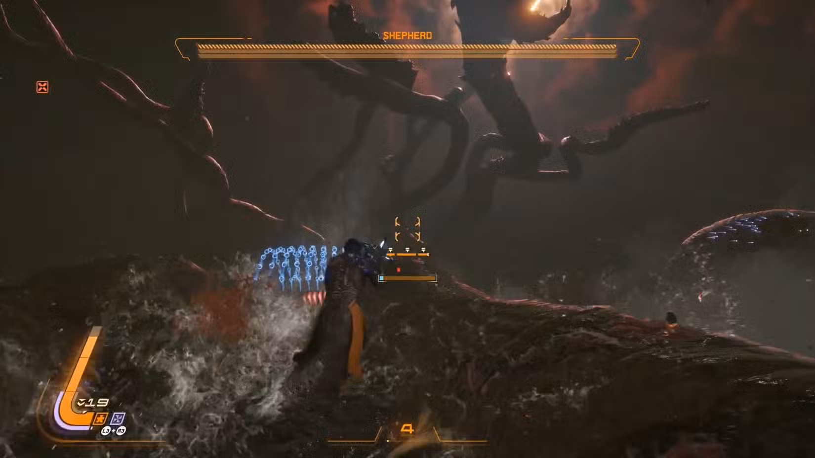 Uma captura de tela de Saros mostrando a primeira fase da luta contra o chefe Shepherd