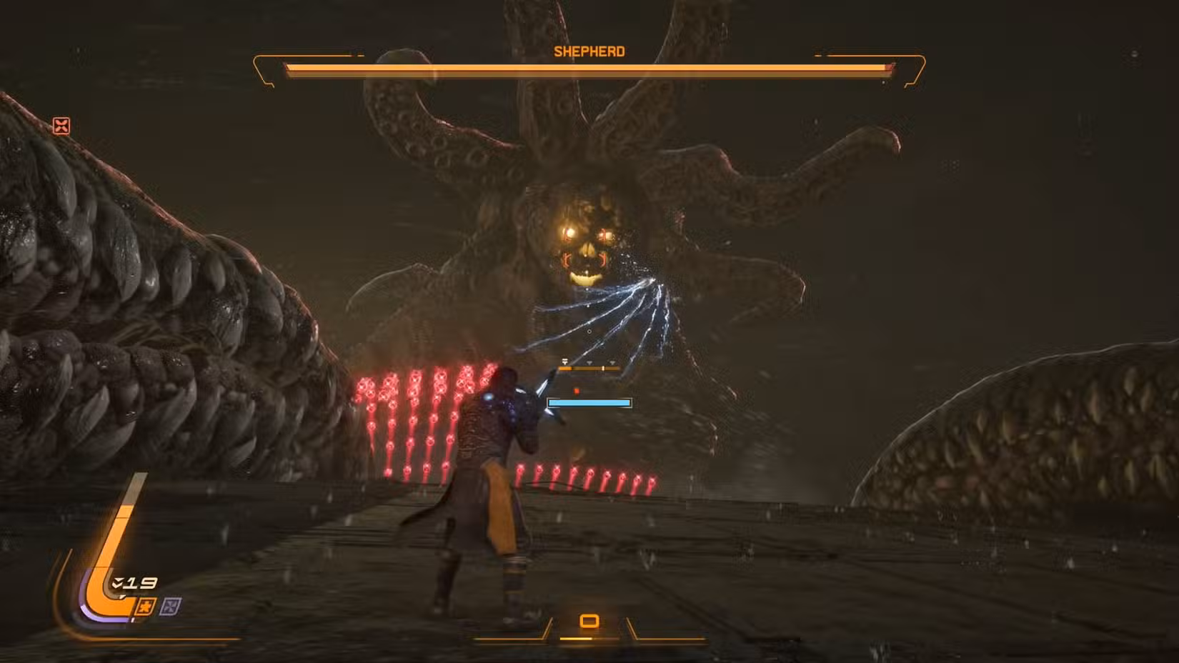 Uma captura de tela de Saros mostrando a segunda fase da luta contra o chefe Shepherd