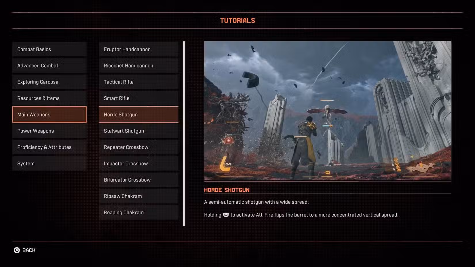 A tela do tutorial da Horde Shotgun em Saros.