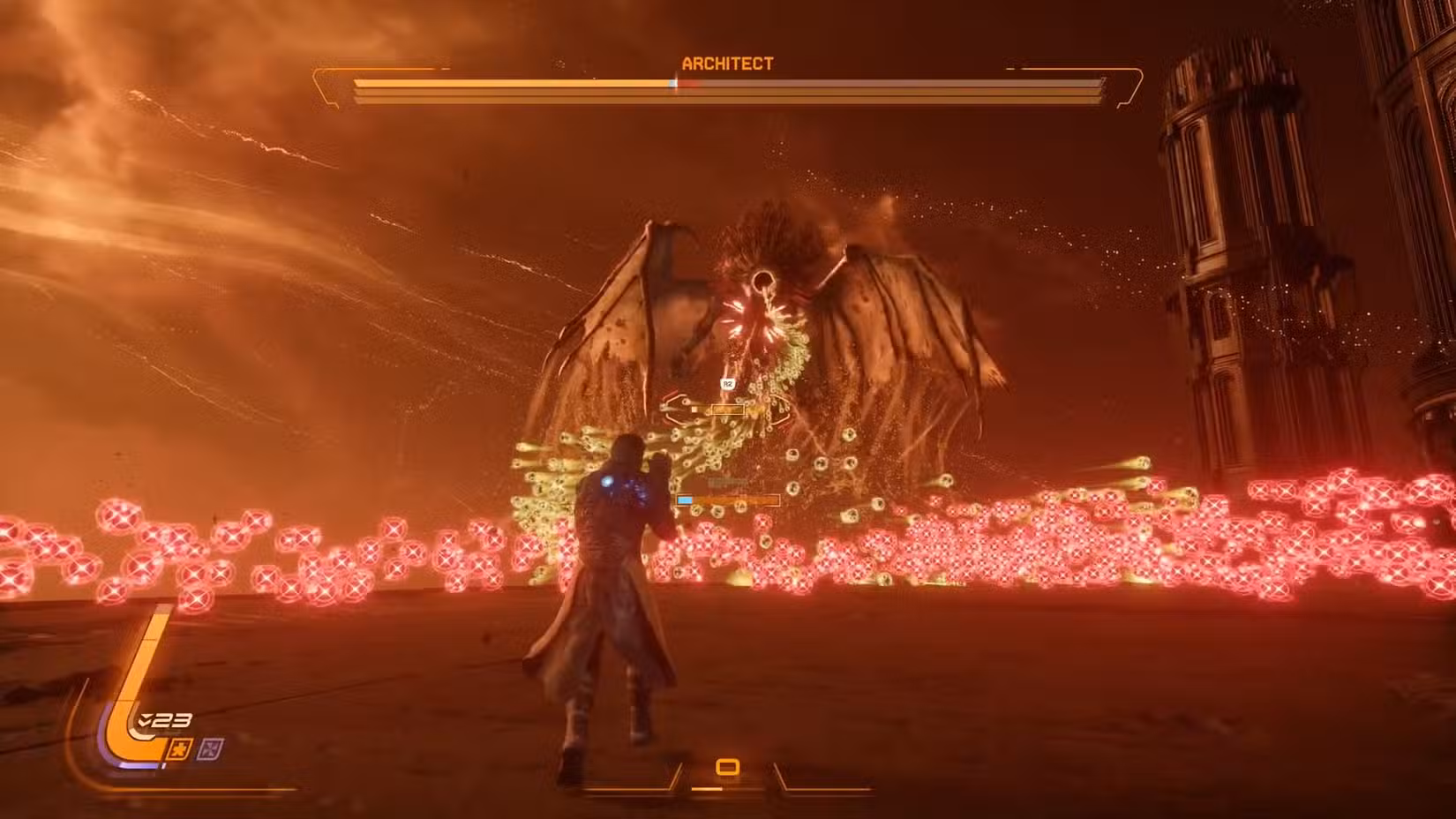 Uma captura de tela de Saros mostrando o chefe Arquiteto atirando orbes Corrompidas