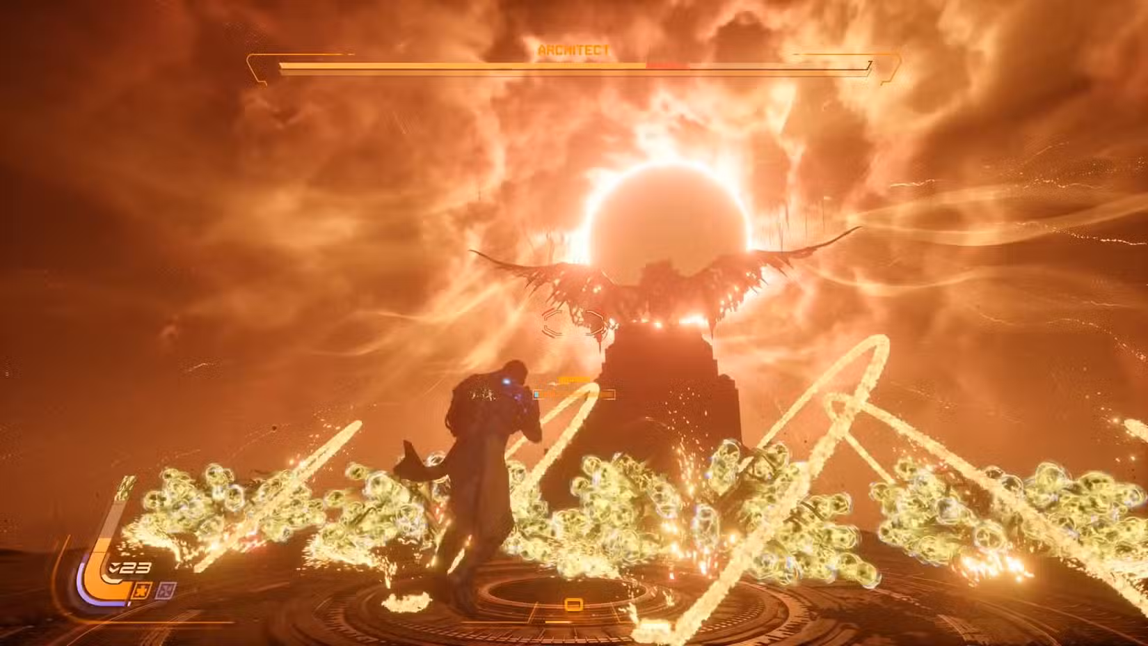 Uma captura de tela de Saros mostrando o chefe Arquiteto sentado em um pico no horizonte e orbes amarelos explodindo na arena
