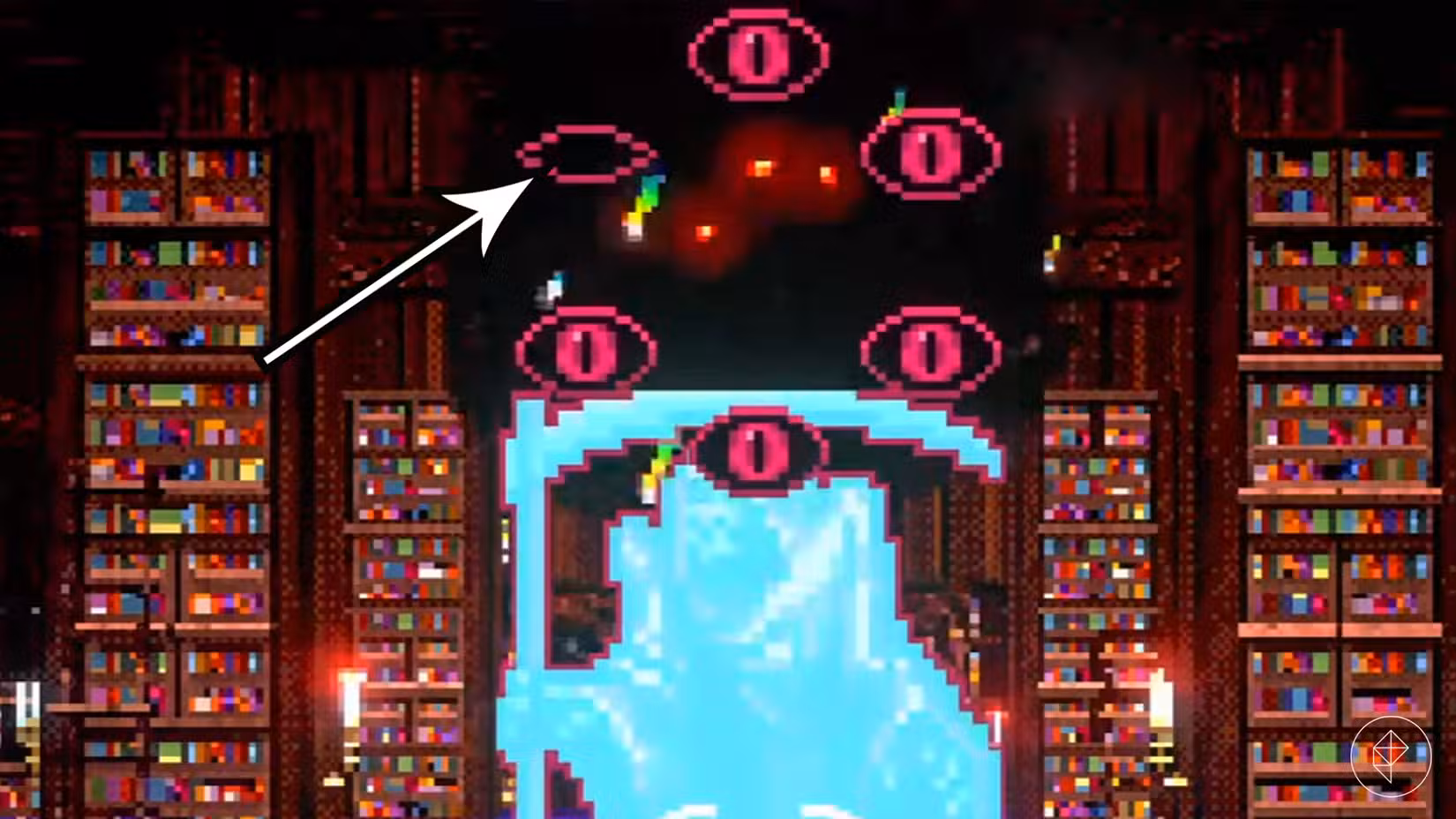 Uma seta aponta para o ciclo de ataque do chefe da Morte Vermelha em Vampire Crawlers.