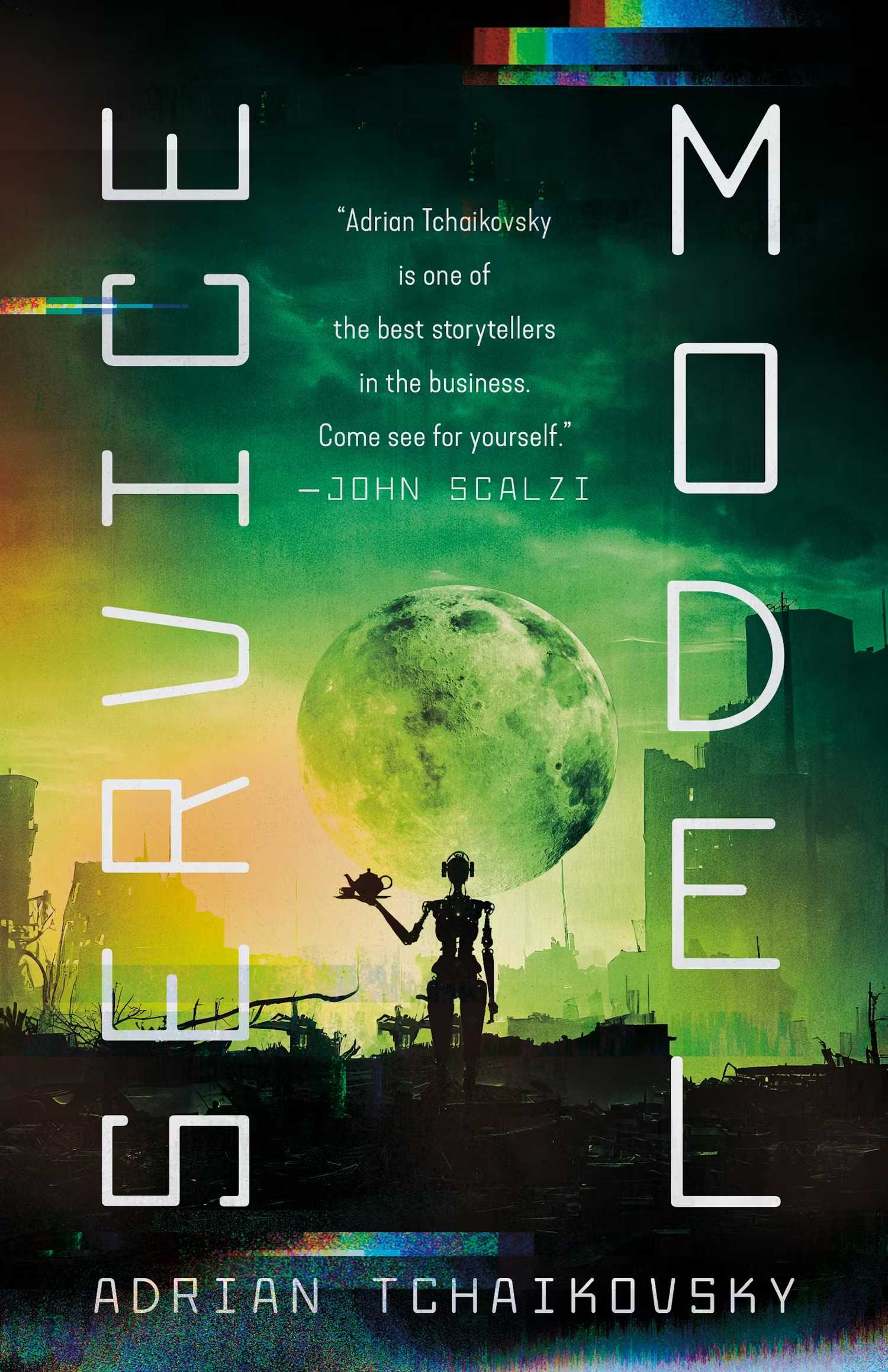Uma capa de livro verde que retrata a silhueta de um robô em frente à lua