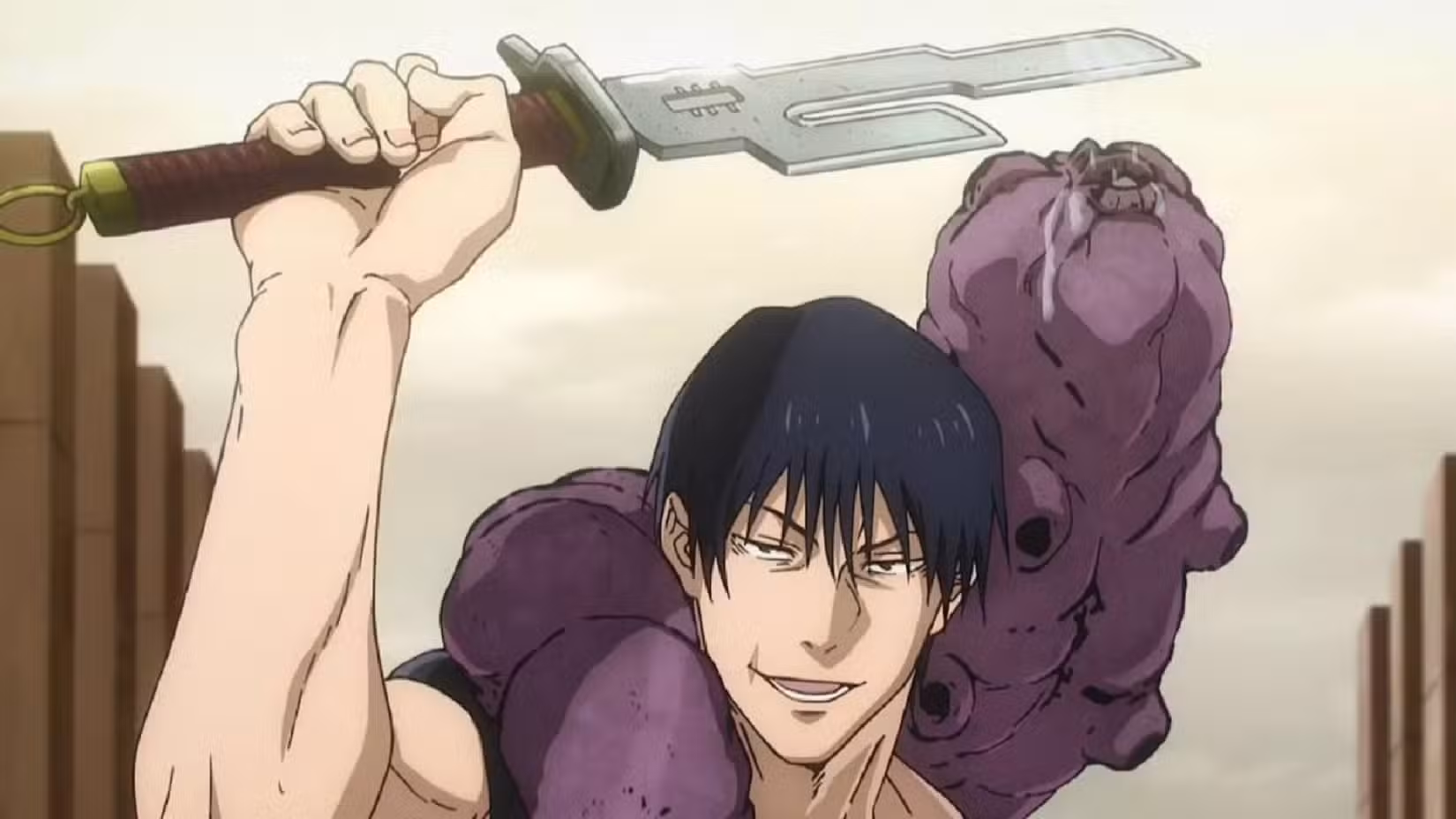 Cena de Jujutsu Kaisen apresentando a Lança do Céu Invertida nas mãos de Toji Zenin. 