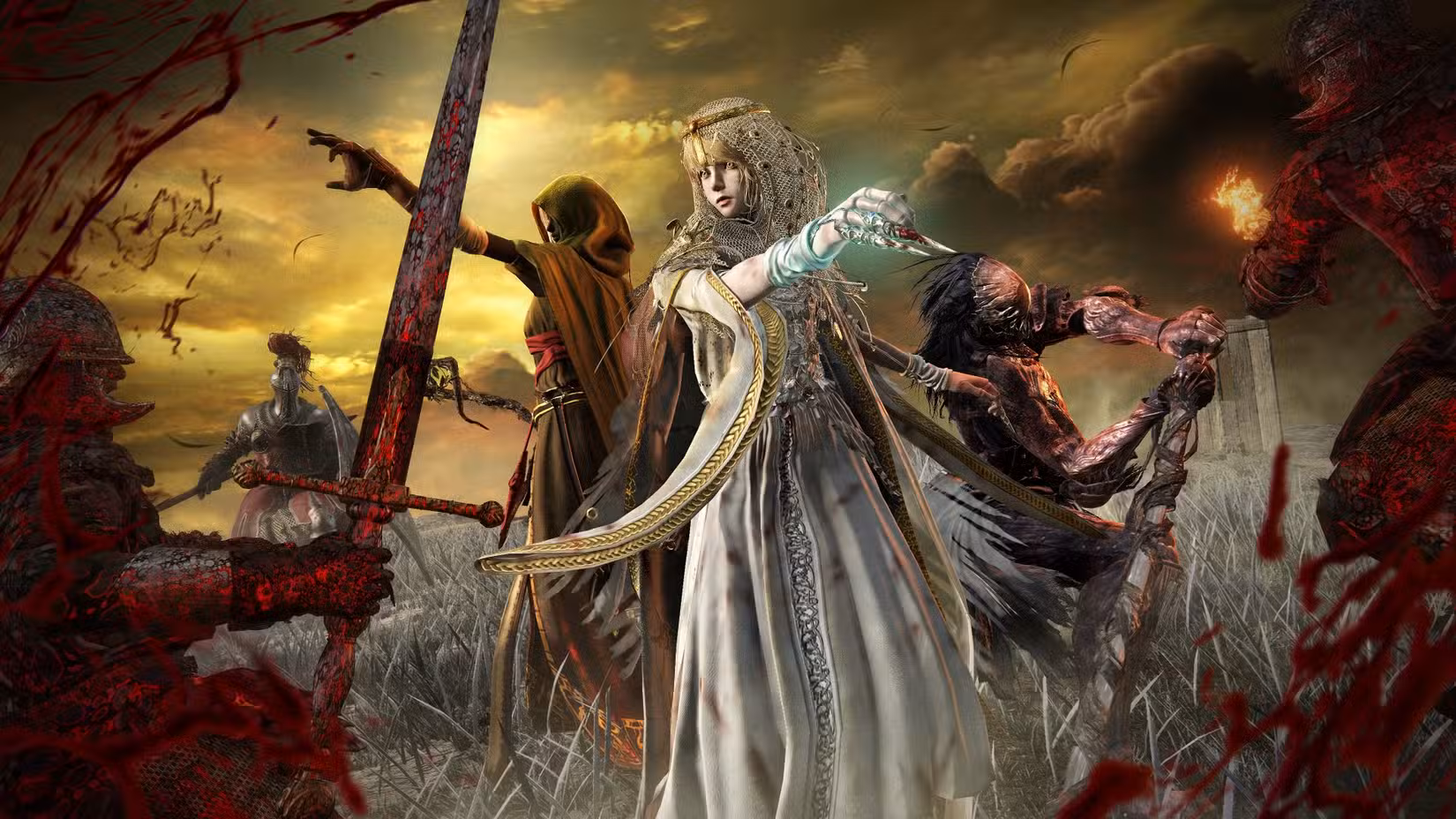 Arte de Elden Ring Nightreign apresentando o Recluso, Revenant e Executor lutando contra uma horda de soldados