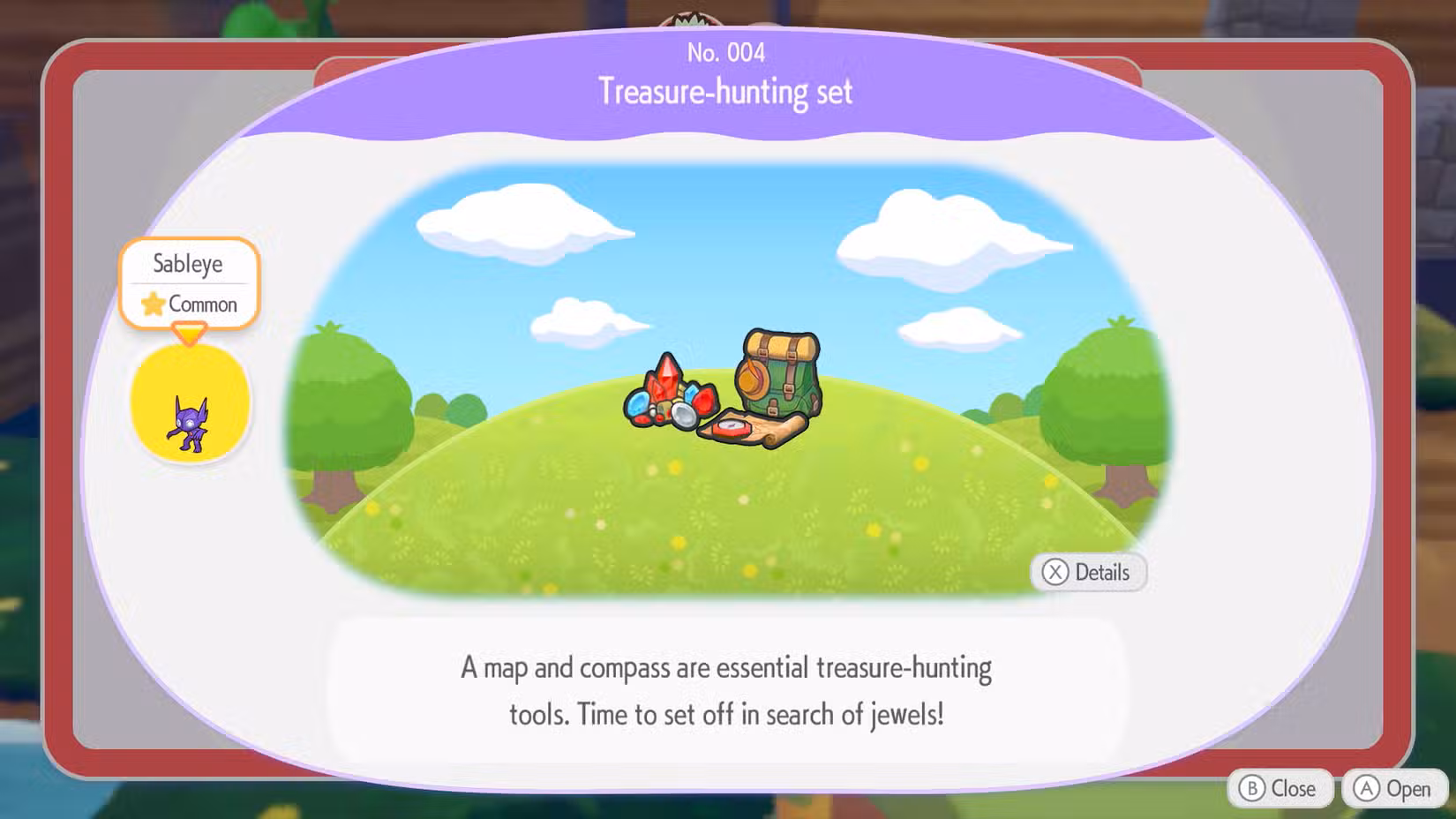 Um habitat em Pokopia para Sableye, que possui equipamentos de caça ao tesouro.