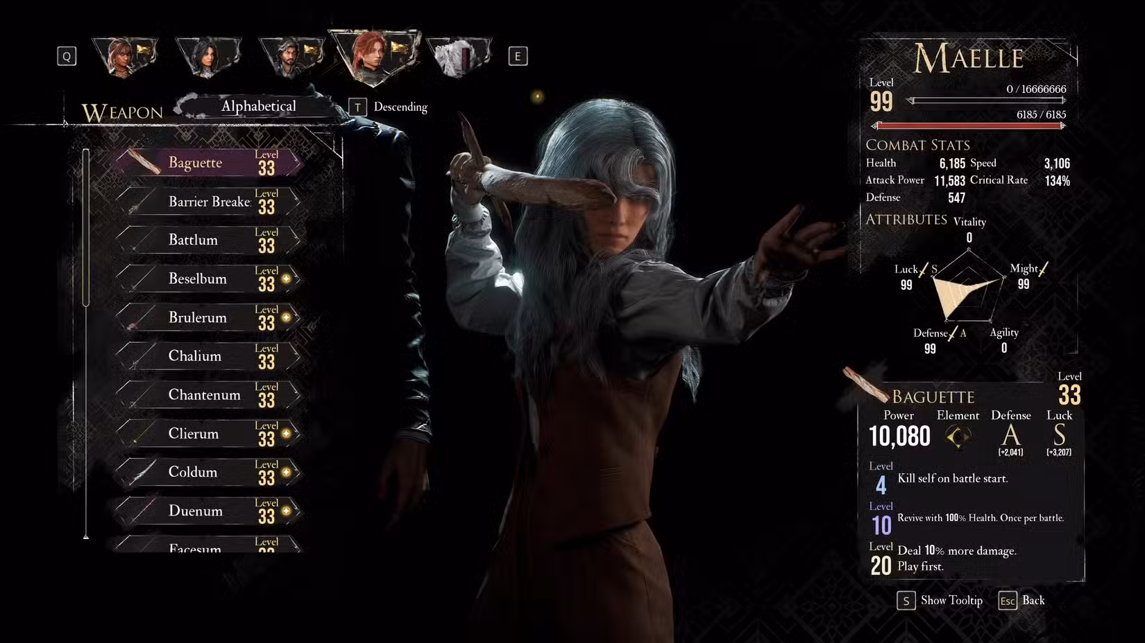 Uma captura de tela do menu de equipamento de armas em Clair Obscur: Expedition 33