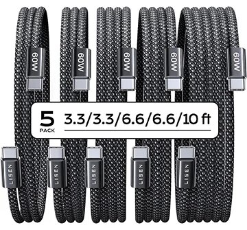 Obtenha um pacote de 5 cabos USB tipo C por US$ 7,50 (a média é de apenas US$ 1,50 por cabo)