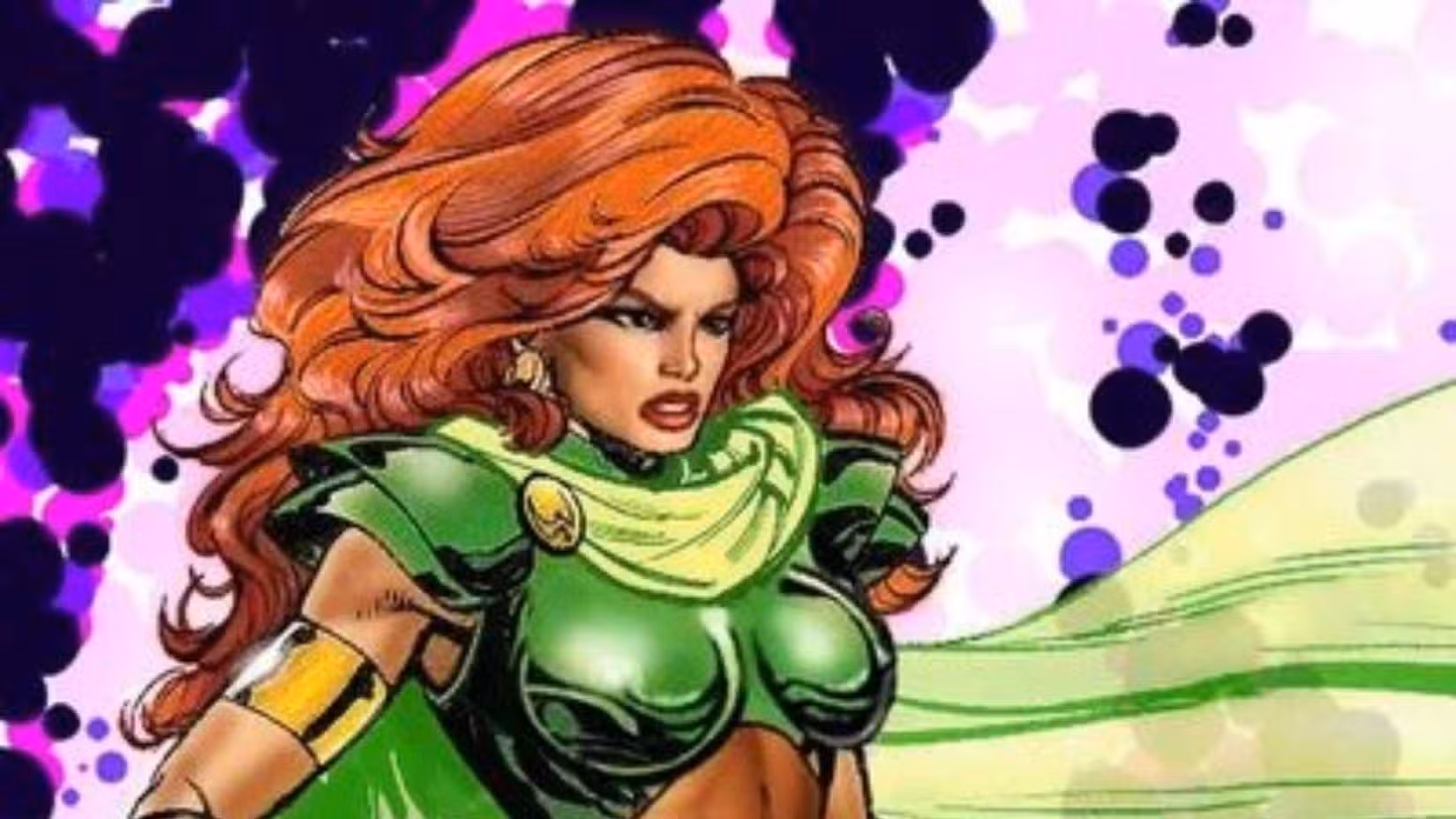 Maxima, da DC Comics, está com as mãos nos quadris parecendo triunfante