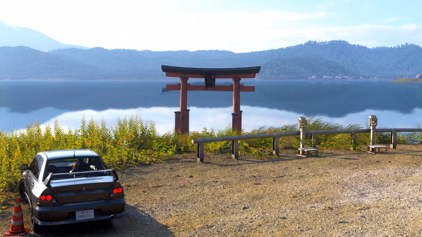 Uma captura de tela do Forza Horizon 6 mostrando um Lancer estacionado em frente a um torii na água
