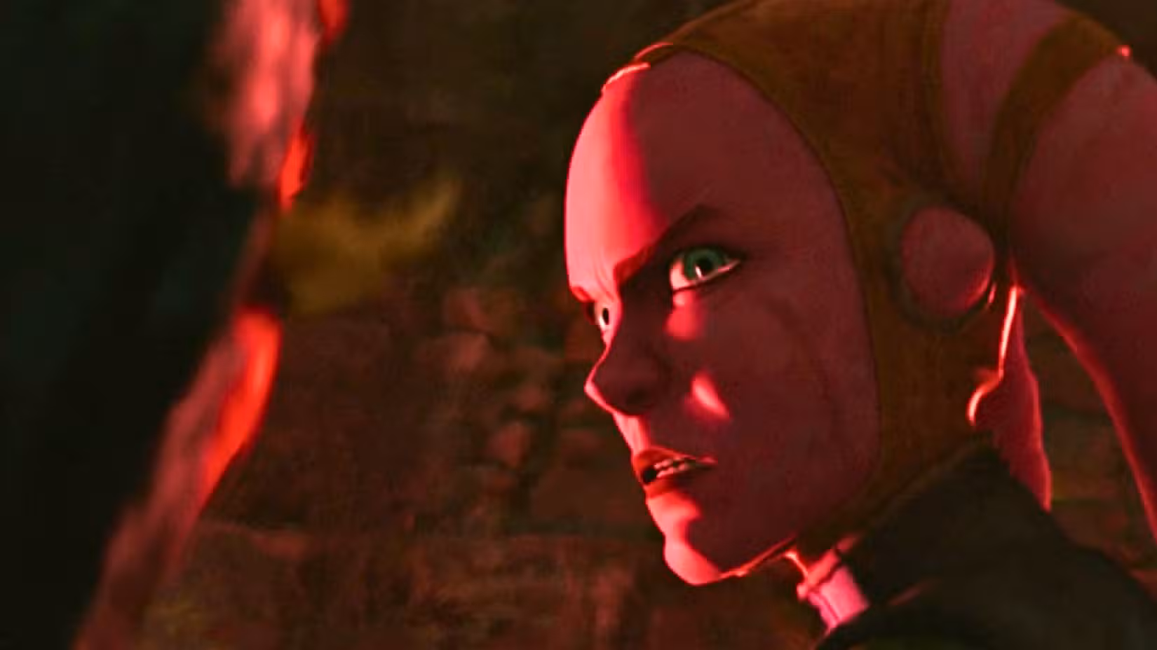 Captura de tela de Devon Izara de Star Wars: Maul - Shadow Lord temporada 1. Uma Twi'lek rosa, ela está baseada em uma luz vermelha e parece zangada e vingativa. 