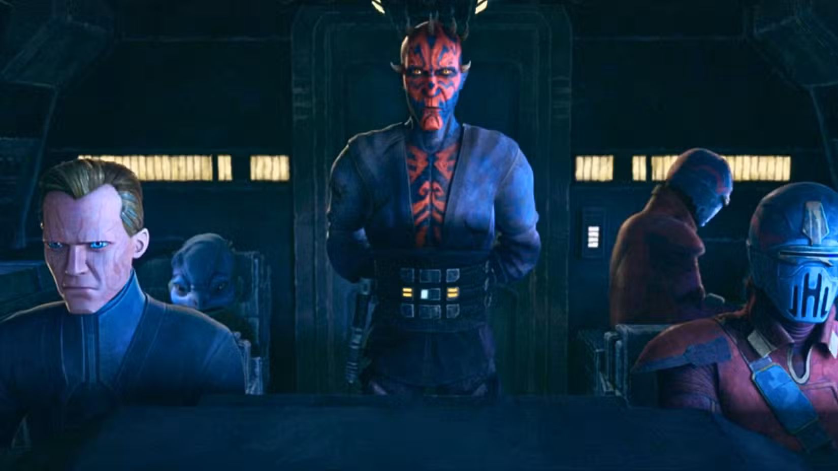Uma imagem de Maul – Shadow Lord, temporada 1. Darth Maul, um Zabrak de pele vermelha e preta, está com os braços atrás dele em um navio. À sua esquerda está Dryden Vos, um humano com cicatrizes profundas no rosto e cabelos loiros.