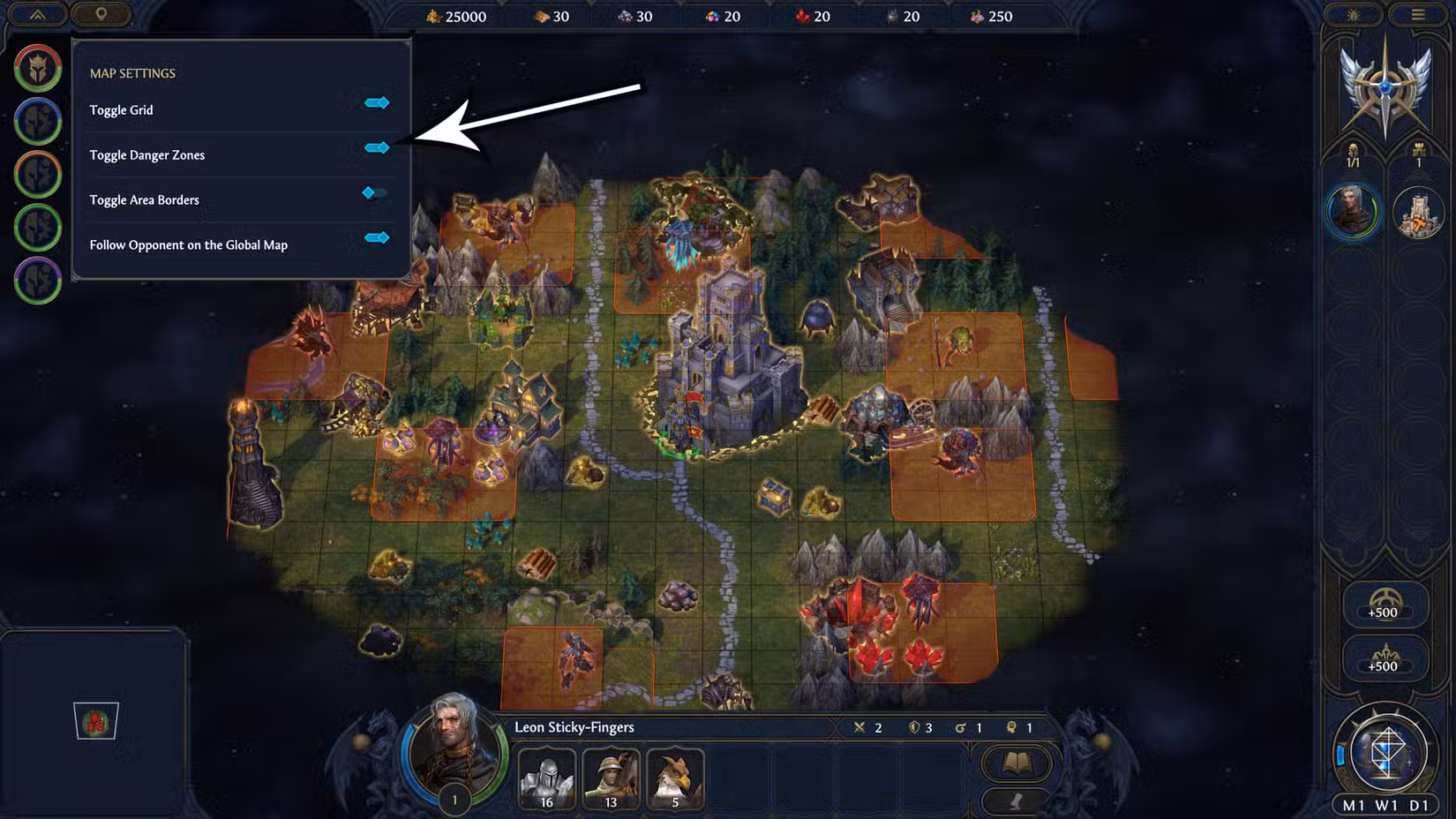 Uma seta aponta para "zonas de perigo" recurso de mapa em Heroes of Might and Magic: Olden Era.