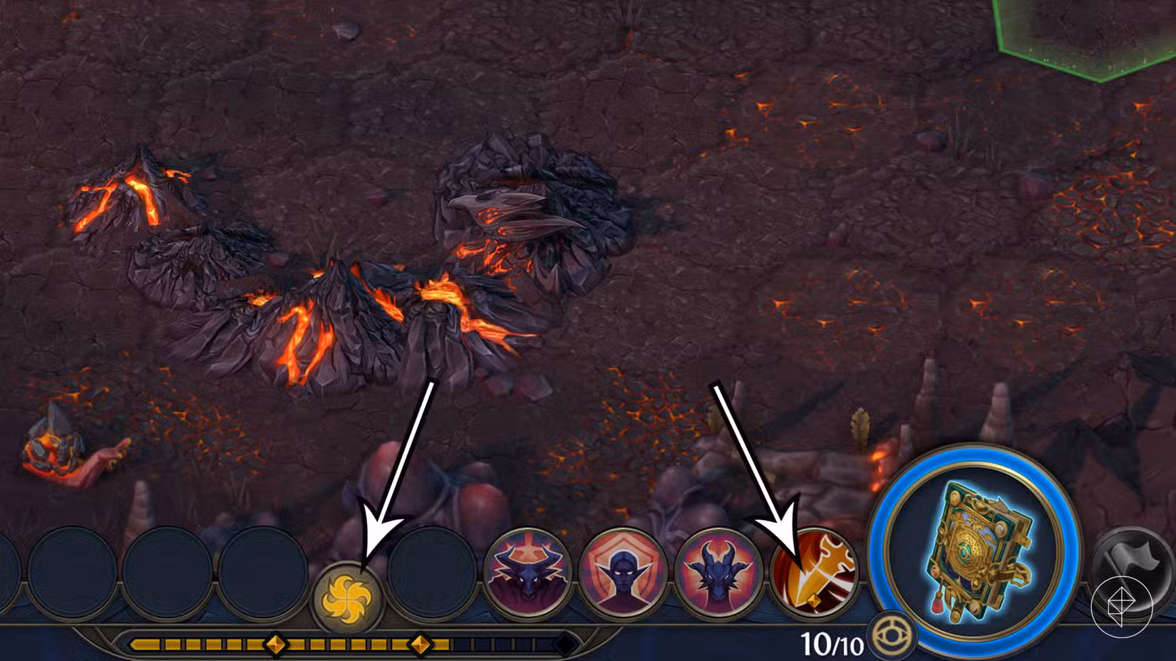 As setas apontam para a barra de foco e uma habilidade com custo de pontos de foco em Heroes of Might and Magic: Olden Era.