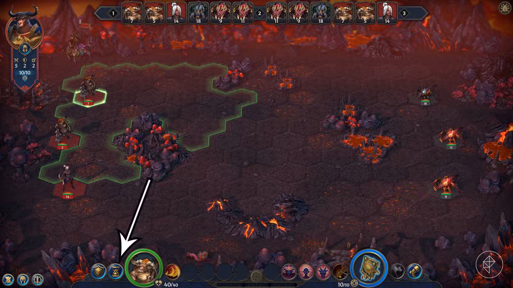 Uma seta aponta para "espere" opção em Heroes of Might and Magic: Olden Era.