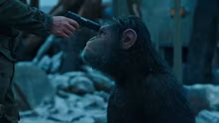 O macaco César (Andy Serkis) com uma arma apontada para a cabeça em Guerra pelo Planeta dos Macacos de 2017