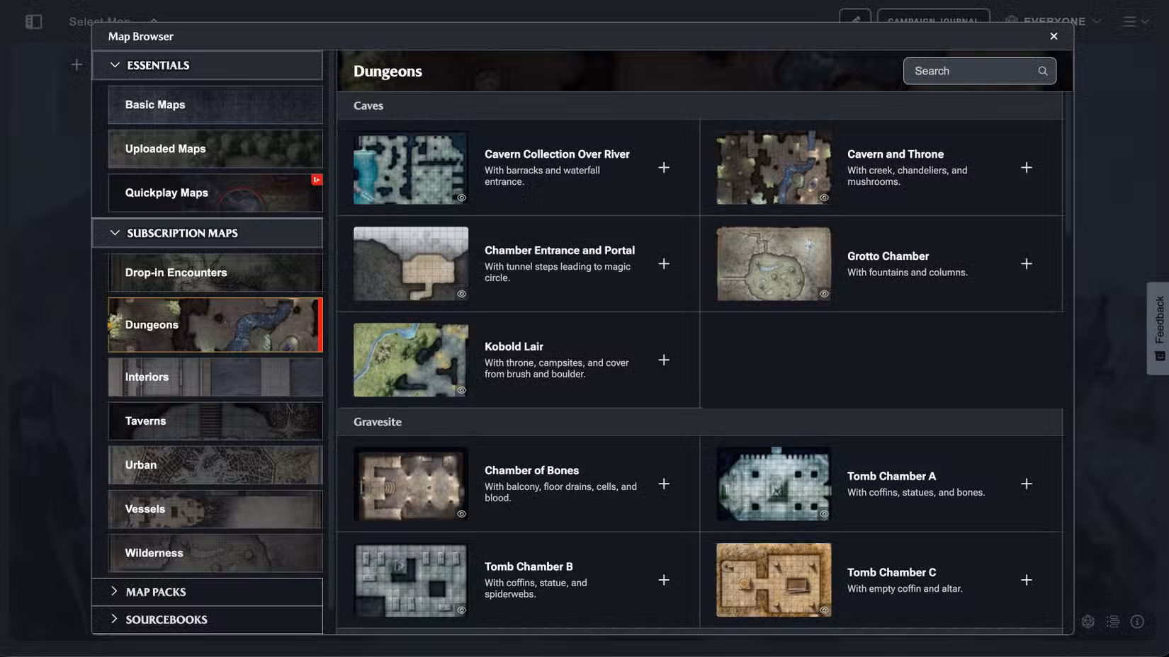 Um menu para os novos mapas de assinatura do D&D Beyond mostra opções para um covil kobold, câmara tumba e cavernas.