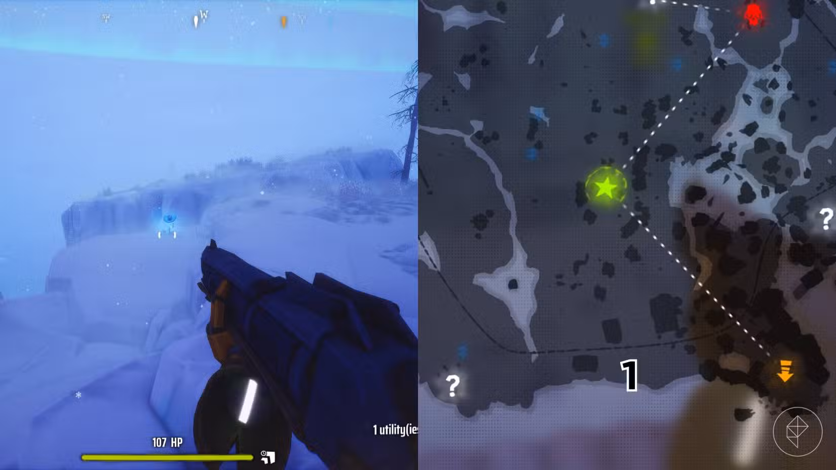O lado direito da imagem mostra a localização do túmulo numerado no mapa do jogo Far Far North em Far Far West, enquanto o lado esquerdo da imagem é uma captura de tela do jogador parado próximo ao túmulo.