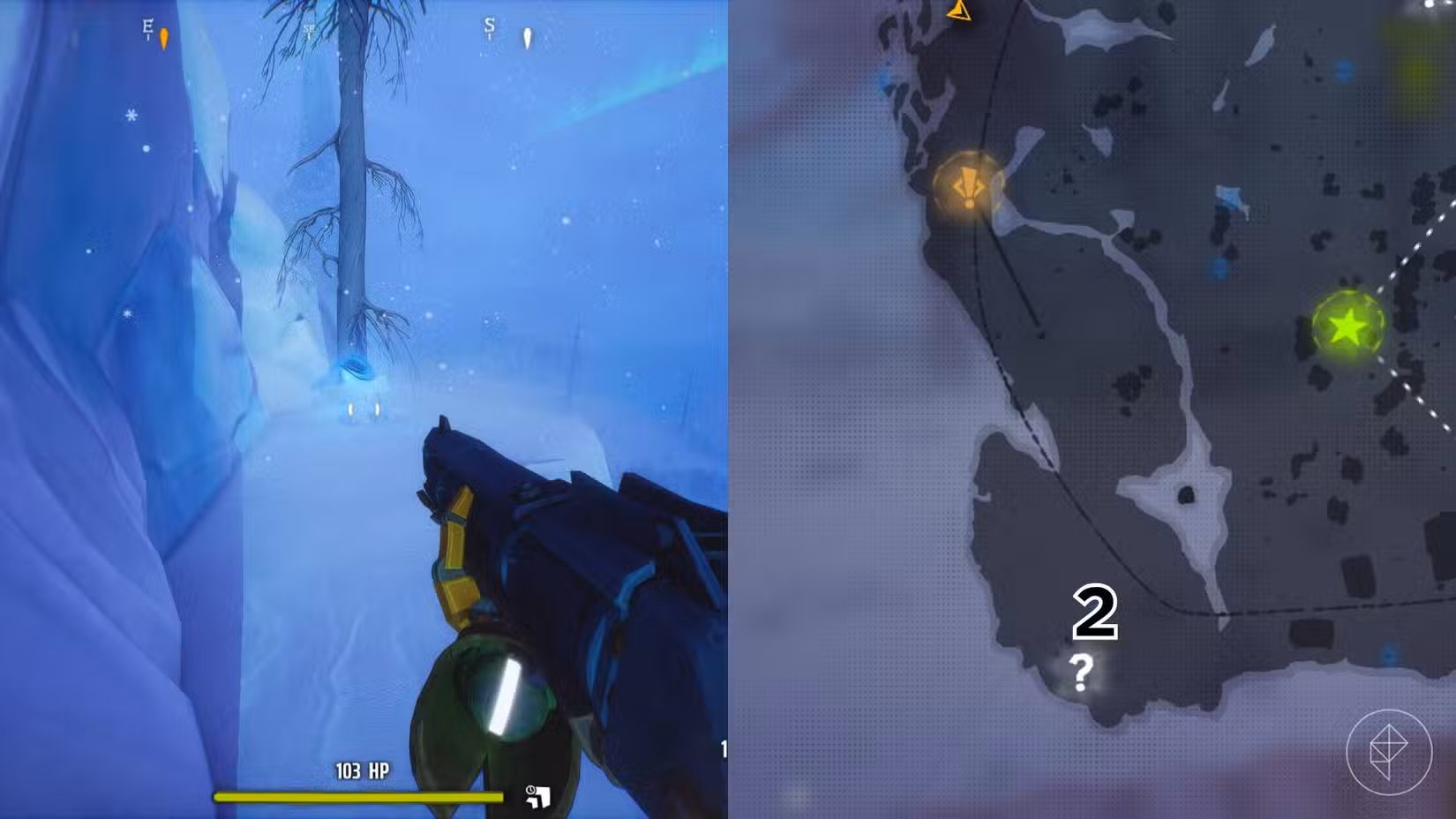 O lado direito da imagem mostra a localização do túmulo numerado no mapa do jogo Far Far North em Far Far West, enquanto o lado esquerdo da imagem é uma captura de tela do jogador parado próximo ao túmulo.