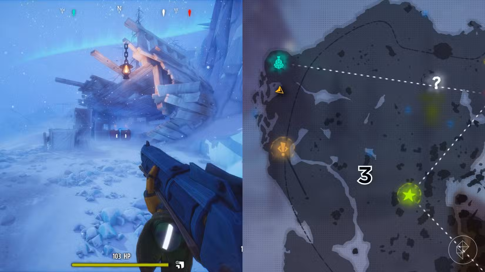 O lado direito da imagem mostra a localização do túmulo numerado no mapa do jogo Far Far North em Far Far West, enquanto o lado esquerdo da imagem é uma captura de tela do jogador parado próximo ao túmulo.