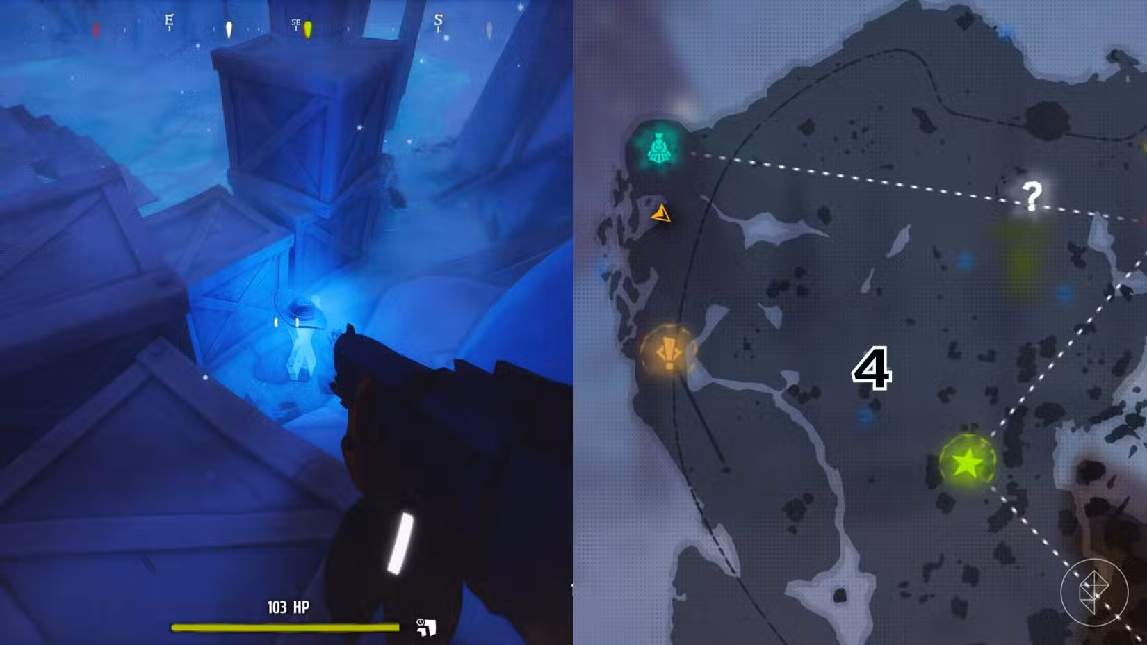 O lado direito da imagem mostra a localização do túmulo numerado no mapa do jogo Far Far North em Far Far West, enquanto o lado esquerdo da imagem é uma captura de tela do jogador parado próximo ao túmulo.