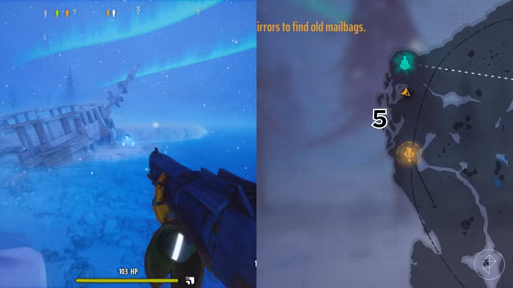 O lado direito da imagem mostra a localização do túmulo numerado no mapa do jogo Far Far North em Far Far West, enquanto o lado esquerdo da imagem é uma captura de tela do jogador parado próximo ao túmulo.