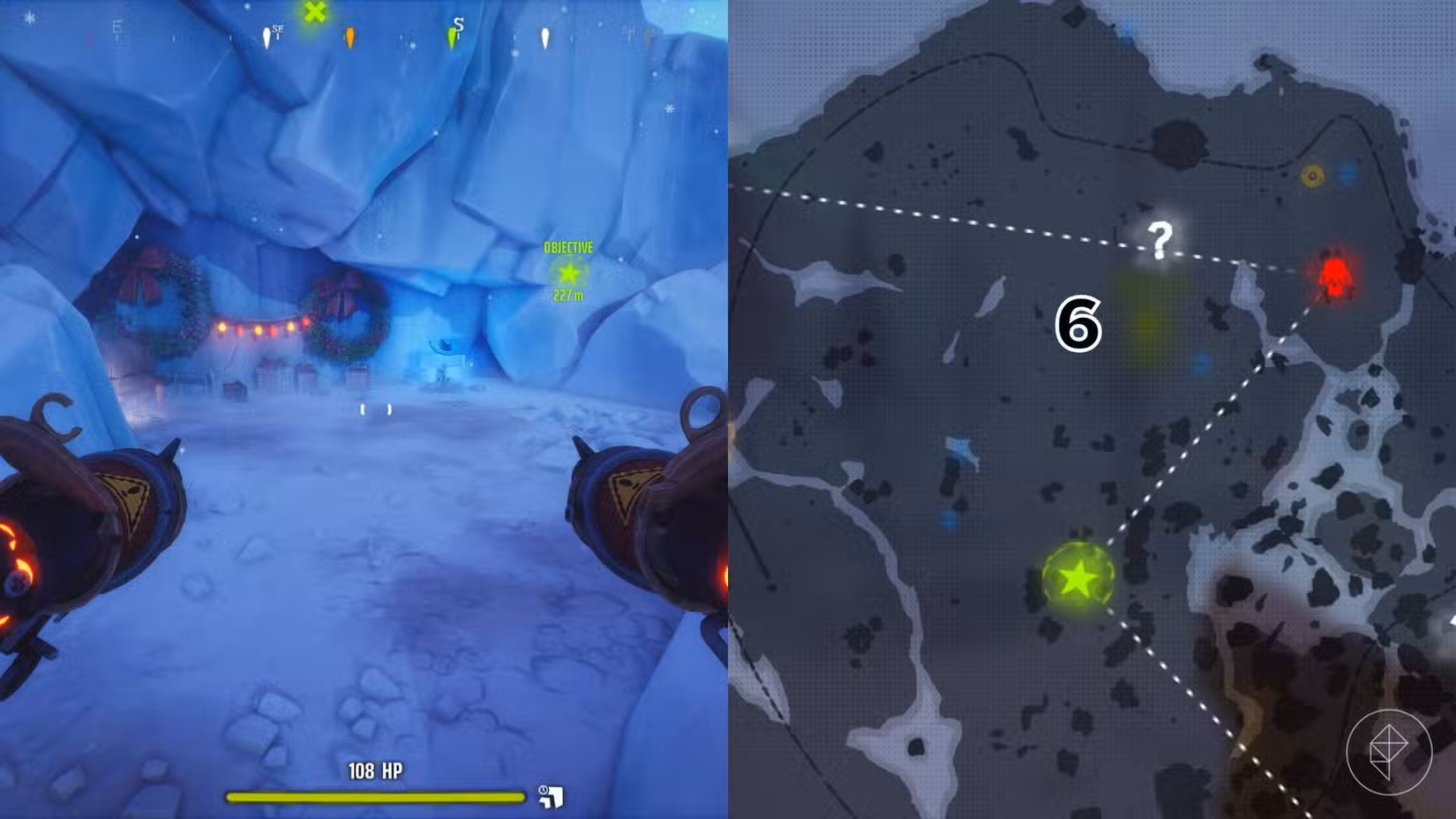O lado direito da imagem mostra a localização do túmulo numerado no mapa do jogo Far Far North em Far Far West, enquanto o lado esquerdo da imagem é uma captura de tela do jogador parado próximo ao túmulo.