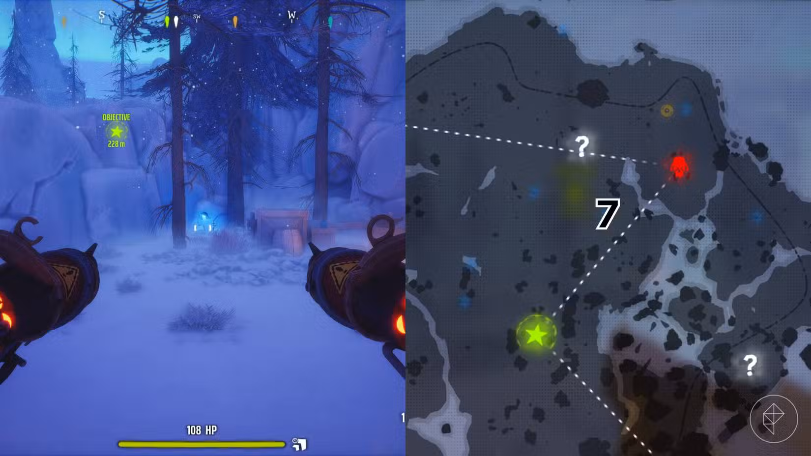O lado direito da imagem mostra a localização do túmulo numerado no mapa do jogo Far Far North em Far Far West, enquanto o lado esquerdo da imagem é uma captura de tela do jogador parado próximo ao túmulo.