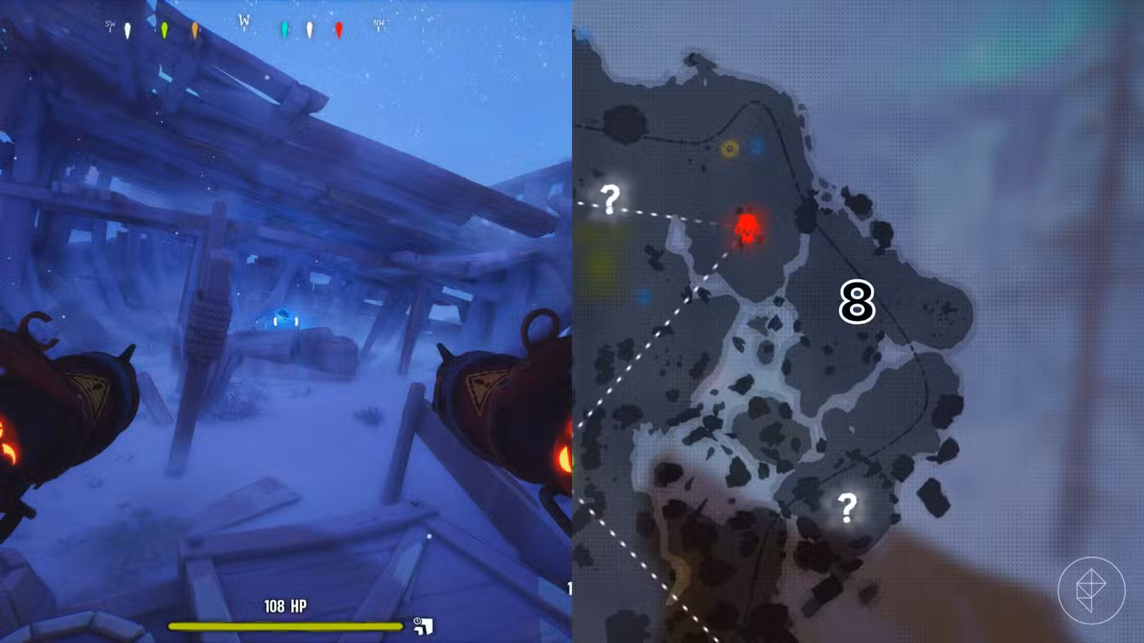 O lado direito da imagem mostra a localização do túmulo numerado no mapa do jogo Far Far North em Far Far West, enquanto o lado esquerdo da imagem é uma captura de tela do jogador parado próximo ao túmulo.