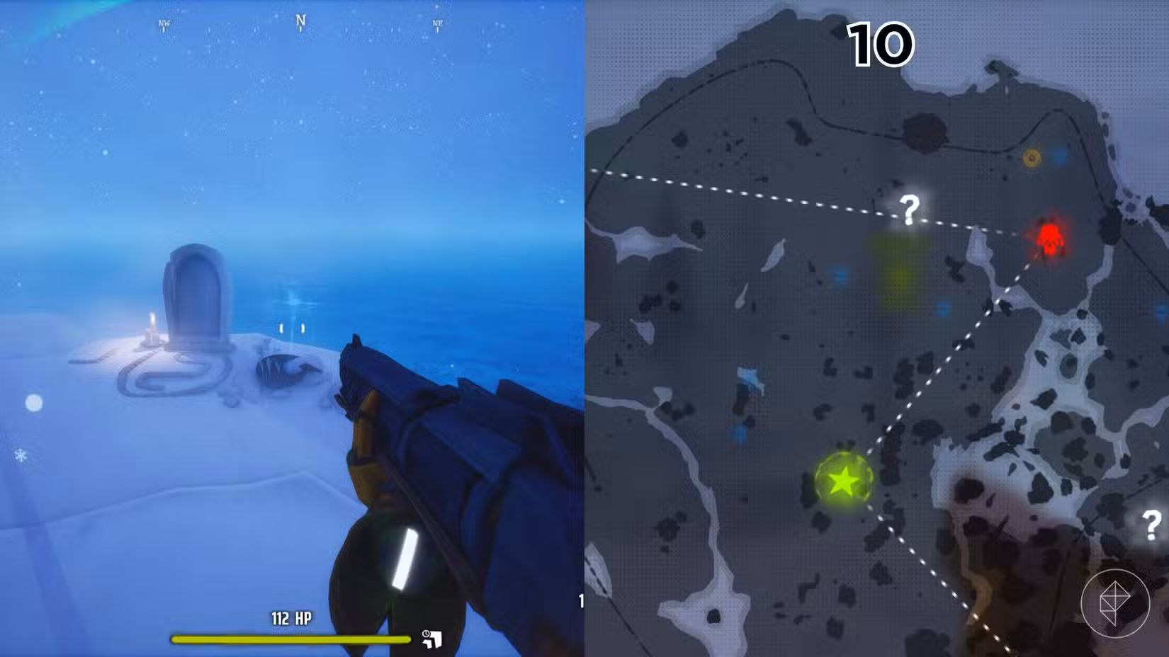 O lado direito da imagem mostra a localização do túmulo numerado no mapa do jogo Far Far North em Far Far West, enquanto o lado esquerdo da imagem é uma captura de tela do jogador parado próximo ao túmulo.