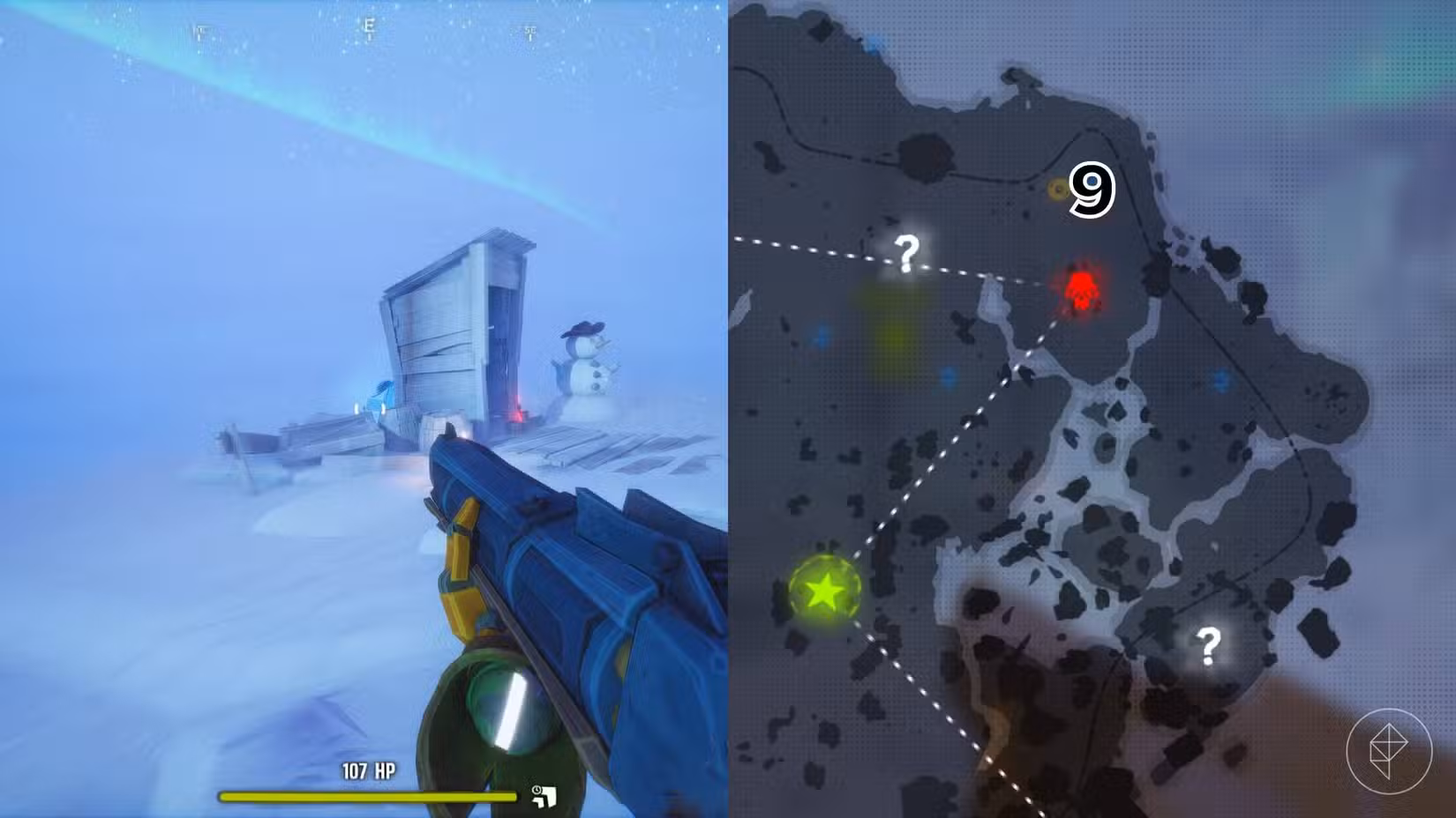 O lado direito da imagem mostra a localização do túmulo numerado no mapa do jogo Far Far North em Far Far West, enquanto o lado esquerdo da imagem é uma captura de tela do jogador parado próximo ao túmulo.