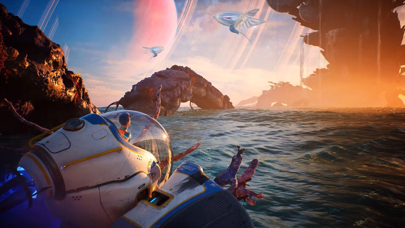 Um pioneiro em um girino observando o pôr do sol em Subnautica 2