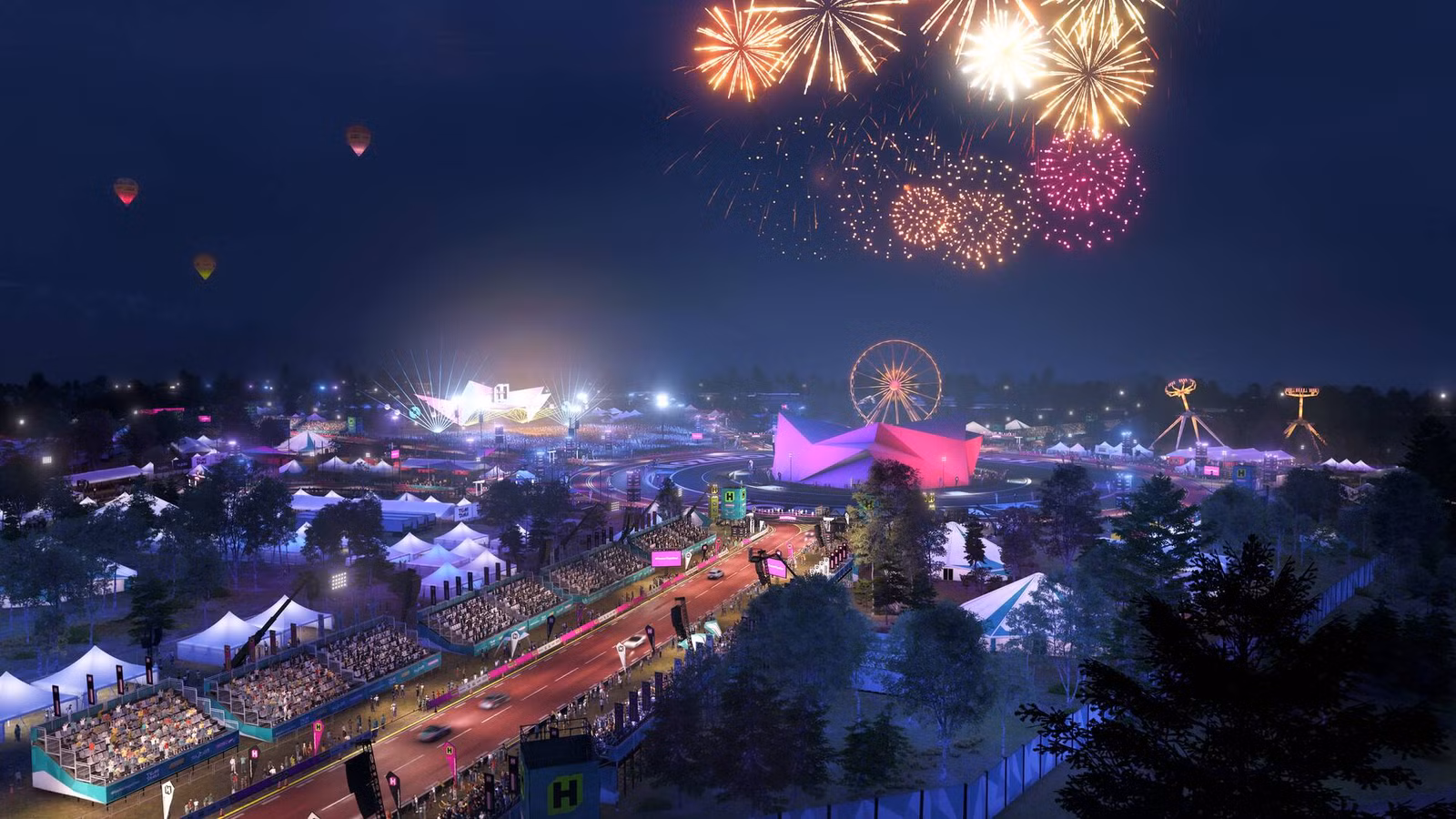 Fogos de artifício no céu noturno acima do festival no Forza Horizon 6.