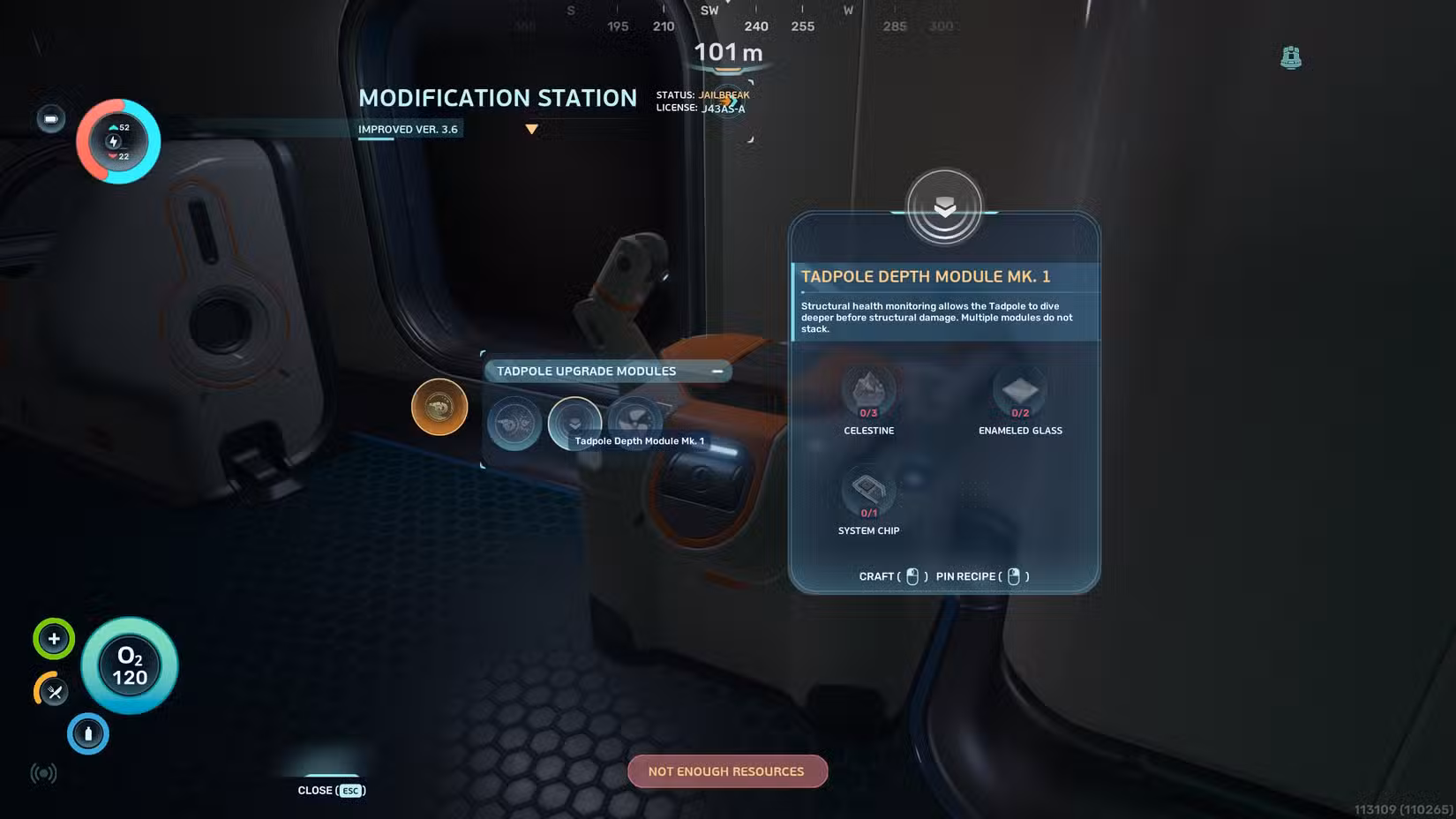 O menu de elaboração do módulo de profundidade no Subnautica 2