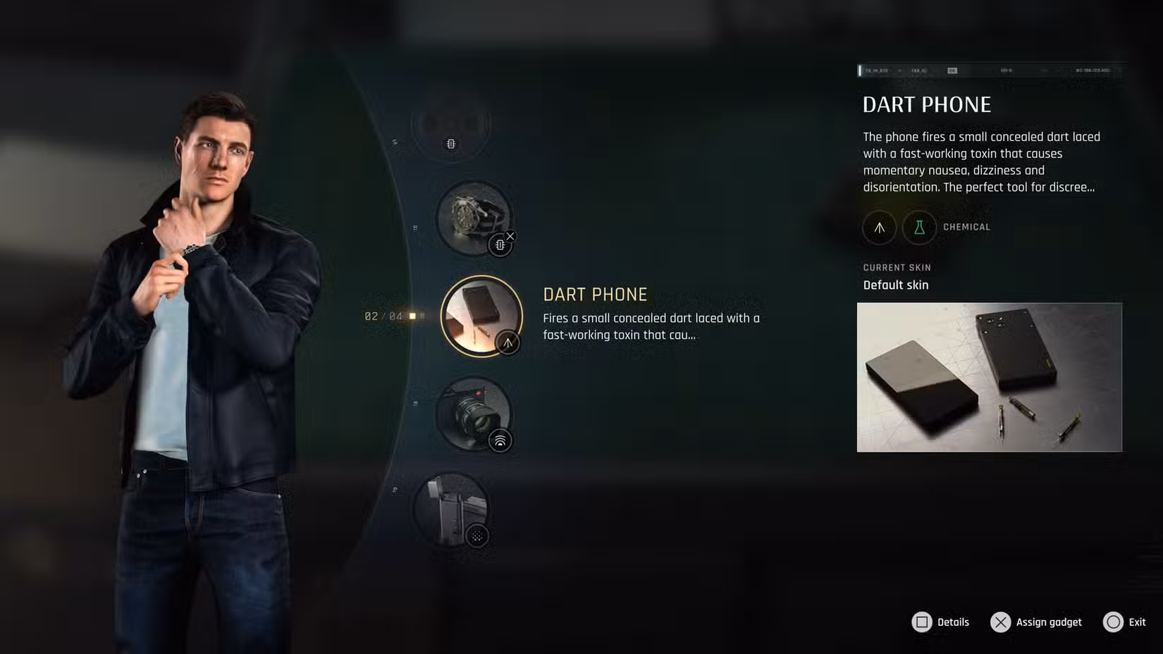 A 007 First Light screenshot showing the list of gadgets Bond has access to