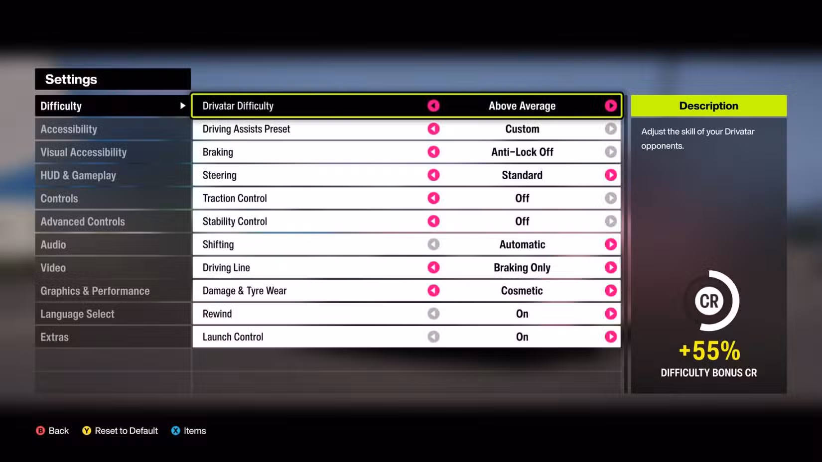 A tela de configurações de dificuldade no Forza Horizon 6.