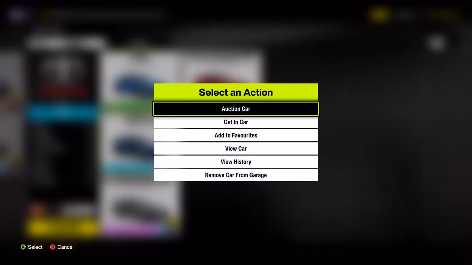 A lista de opções ao selecionar um carro em sua garagem no Forza Horizon 6.